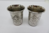 Two hallmarked shot glasses, etched, 2