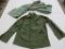 Three pair of US Army military green army fatigues and heavy shirt/jacket with patches