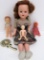 Hard Plastic Walking doll and misc plastic dolls, with child's mirror
