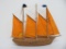 Wooden model sailboat, cloth sails, 16