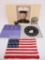 Patriotic themed lot with star print block, tin flaming heart, pocket flag and eagle Wedgwood plate