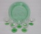 Green Dogwood pattern depression glass cake plate and needle etched sherbets