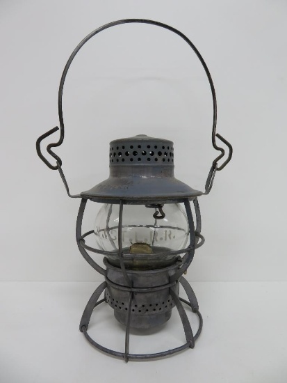 M & St L Railroad Lantern, 9", matching etched glass on globe, Dressel Arlington