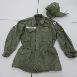 1943 Army field jacket and winter hat, size medium, patches