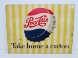 Two sided metal Pepsi sign, Take Home a Carton, 17 3/4