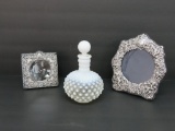 Two Lovely picture frames, silver tone ornate and hobnail cologne