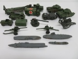 Metal military toys, trucks aircraft carriers and tanks, 3