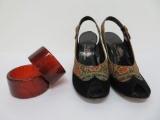 Ladies vintage fashion lot with Sak's Fifth Avenue tapestry shoes and two bracelots