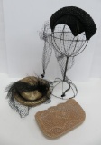 Vintage hats, beaded purse, and wire hat stand