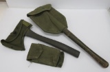 Three Army accessories, ax, trench shovel and ammo pouch