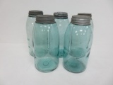 Five blue 1/2 gallon canning jars
