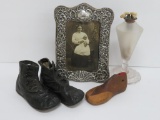 Lovely Camphor lamp, childrens button shoes, wood shoe mold and ornate picture frame