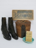Vintage high top shoes, wicker collar box, and advertising