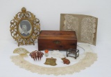 Vanity items, hair combs, perfume, mesh coin purse, frame and wood box