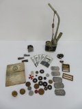Military lot with lighter, pipe, coins/tokens, pin backs, dog tags