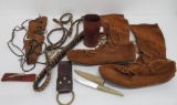 Medieval Renaissance costume items, boots, whip, knife and leather cup