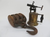 Three wheel wood pulley and brass blow torch
