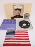 Patriotic themed lot with star print block, tin flaming heart, pocket flag and eagle Wedgwood plate