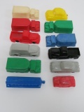 12 colored plastic toy cars and trucks, 1 1/2