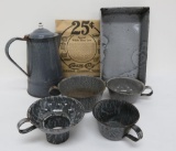 Grey Enamelware lot with cups, coffee pot, and pan, 1912 Cream City Advertisement
