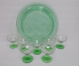 Green Dogwood pattern depression glass cake plate and needle etched sherbets
