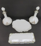 Milk glass vanity set with two Cologne bottles and dresser box