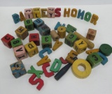 Vintage wooden blocks and letters, about 45 pieces, 1 1/2
