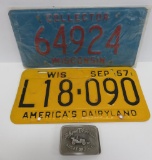 Two License plates and Model T belt buckle