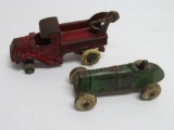 Cast iron wrecker truck and race car