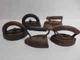 Five vintage sad iron, flat irons