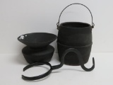 Cast iron lot, kettle, spitton and holder