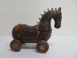 Wooden Trojan Horse trinket box, ink well, Folk Art, 9