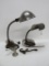 Two goose neck industrial style vintage desk lamps, clothes hook and faucet