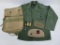 Military clothing lot and knapsack, trench art and tins