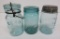 Three blue canning jars, Hero, Ball and Mason Tombstone marks, 6