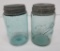 Two blue Mason jars, Ball Improved and Mason Nov 30, 1858, pint
