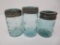 Three blue canning jars, pints, Atlas, Mason cross and angle Ball