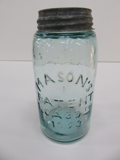 Patent 1858 Mason's quart aqua canning jar, mistake "NOA" 30th 1858