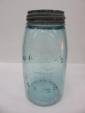 Mason Union canning jar, shield design, quart, aqua