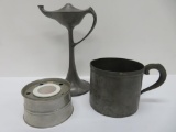 Anitque pewter lot, oil lamp, ink well and rummer