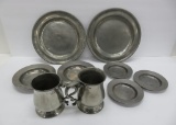 Nine pieces of antique pewter, plates and mugs, c 1780
