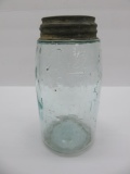 Ball Mason patent Nov 30 1858 canning jar, light aqua, Ball above Mason's