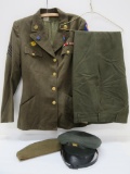 Wool military US WWII Air Force sergeant uniform coat, wool pants, garrison hat and officers hat