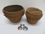 Two pine needle baskets and jewelry-Henchel Mexico and 925