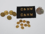 Chicago & North Western railroad buttons, patch and watch fob