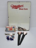 Beer lot with Miller Mirror, Pabst letter openers and pins, Miller Survival Kit