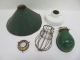 Industrial lighting lot with metal shades and milk glass mounting plate