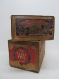 Two wooden boxes, Fond du lac Wild Co Crackers and Twin W fruit box