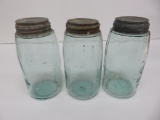 Three quart Mason jars, Ball 1858 and The Ball, zinc lids,