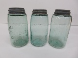 Three Mason Patent Nov 30 1858 quart jars, aqua with zinc lids